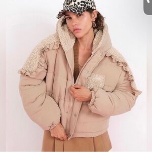 For Love And Lemons Beige Puffer Jacket with Sherpa Accents